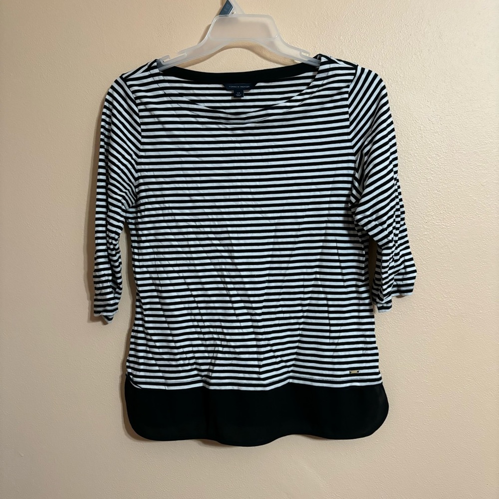 NWOT Tommy Hilfiger Black&White Striped Long Sleeve Shirt Blouse Large